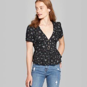 Wild Fable Black Floral Button-Up Blouse S
